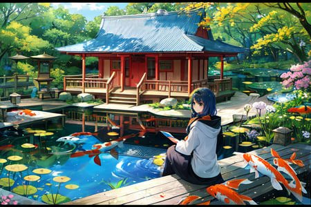 08875-2901163514-1girl, looking at the viewer, water, pond, lake, shrine, koi.png